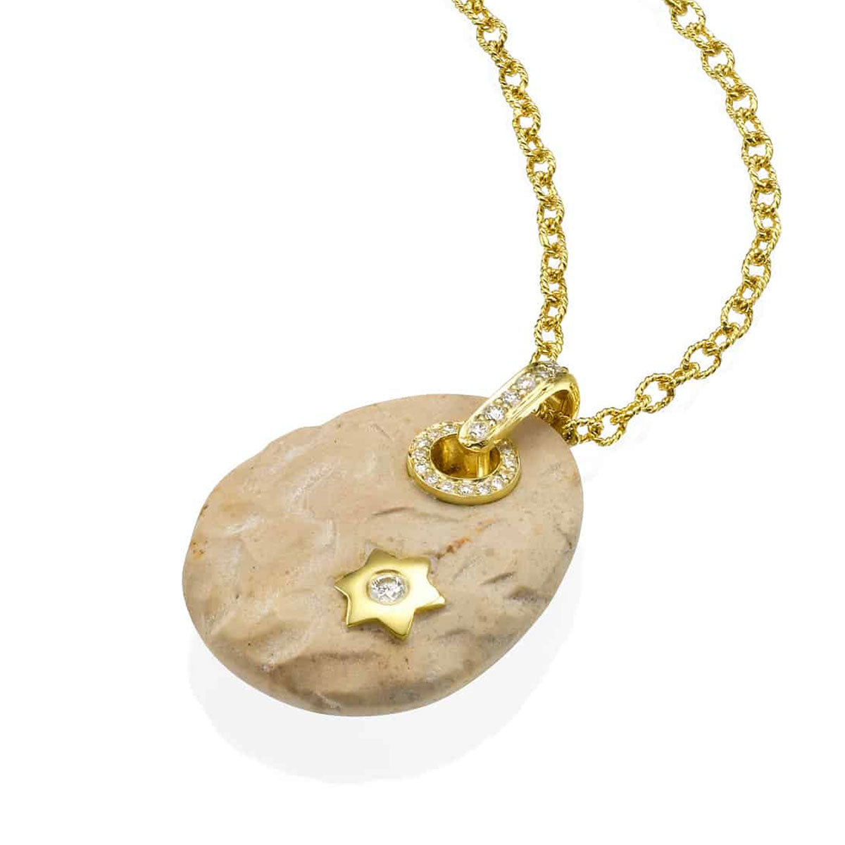 Magen David or a Star of David Necklace with Temple Mount Stone 18K Gold, and Diamonds
