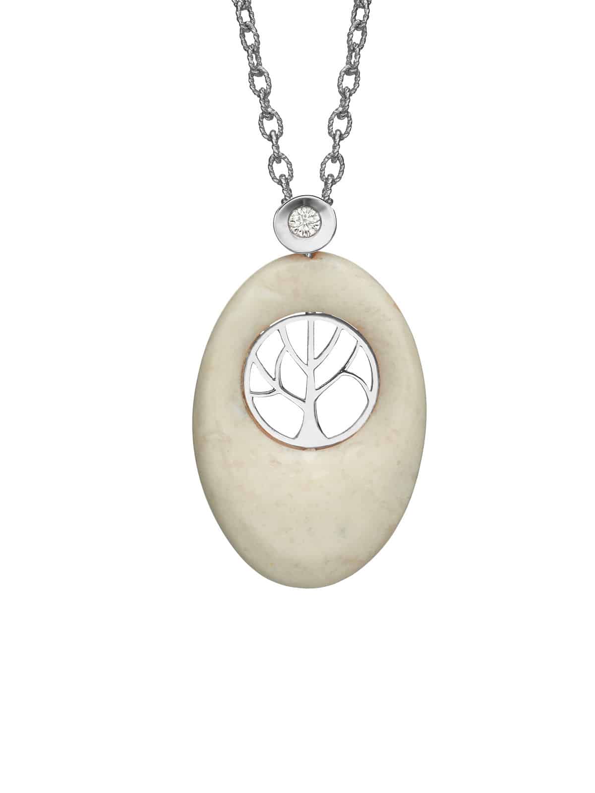 Tree of Life oval necklace with Temple Mount Stone, white gold and diamond