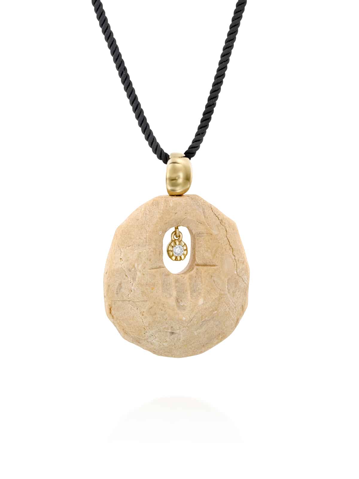 Hamsa Pendant with Jerusalem Stone From The Temple Mount 14K Yellow Gold and Diamond