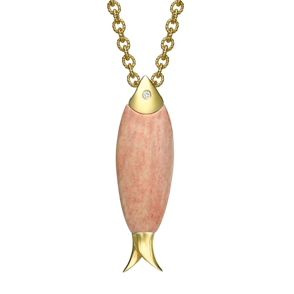 Gold Fish Pendant with Temple Mount Stone from Jerusalem with Yellow Gold and Diamond