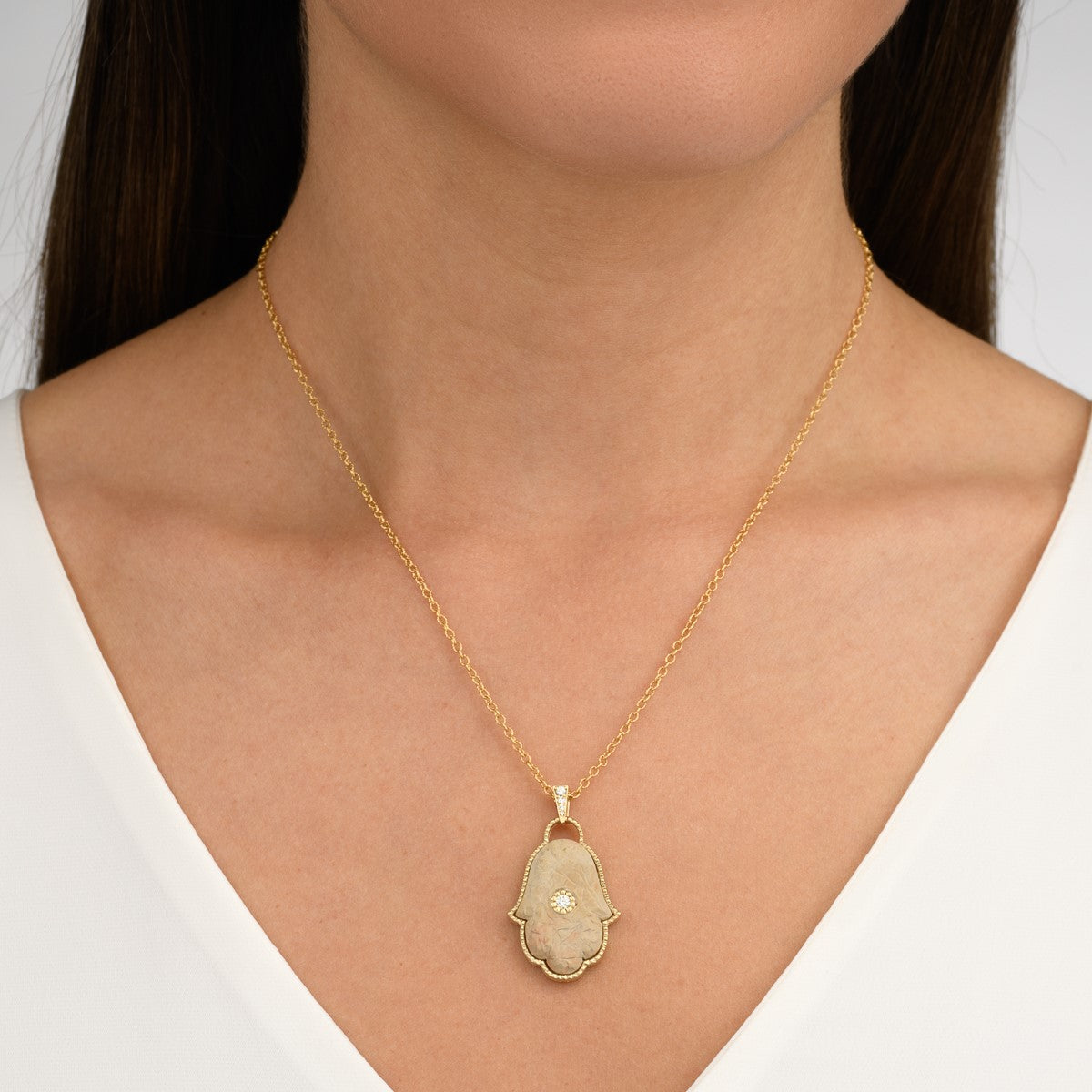 Hamsa Pendant with Temple Mount Stone Yellow Gold and Diamonds