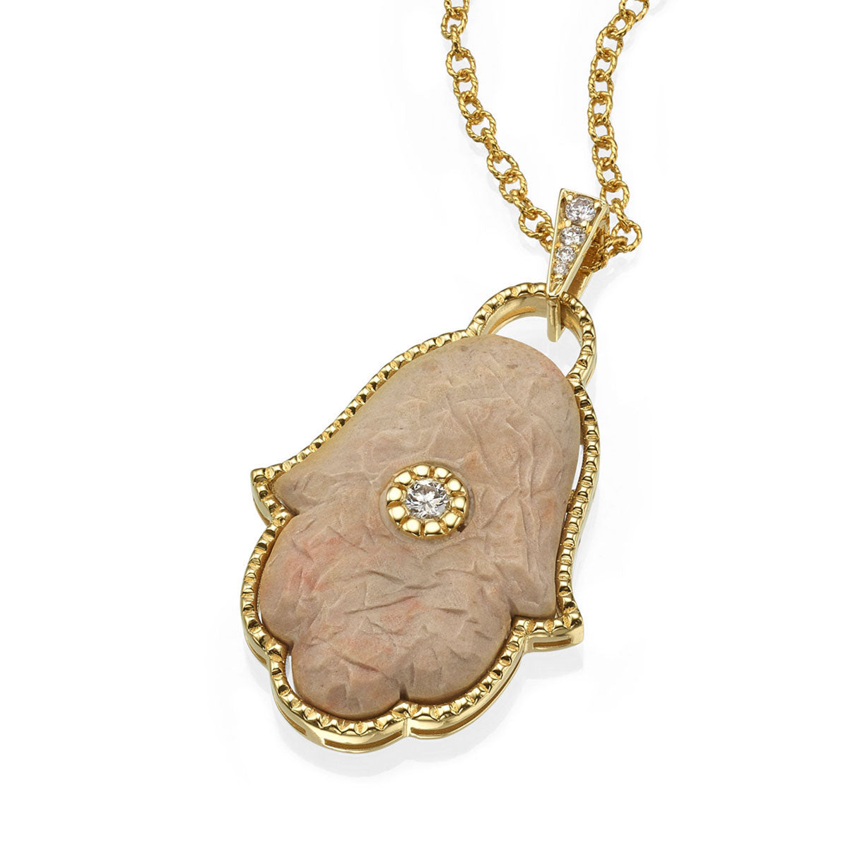 Hamsa Pendant with Temple Mount Stone Yellow Gold and Diamonds