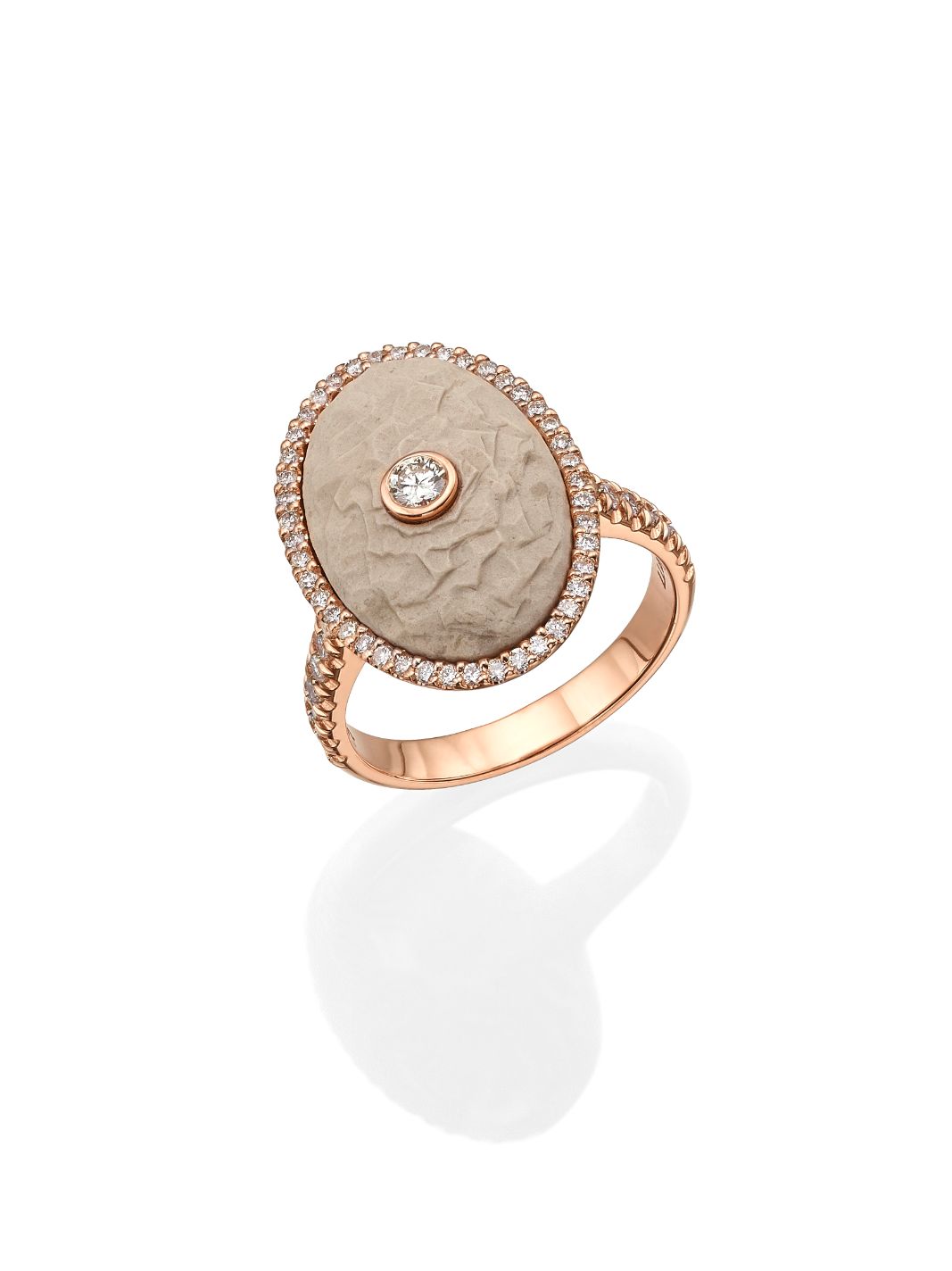 Oval Diamond Ring with a Jerusalem Stone from Temple Mount in 14K Yellow or Rose Gold