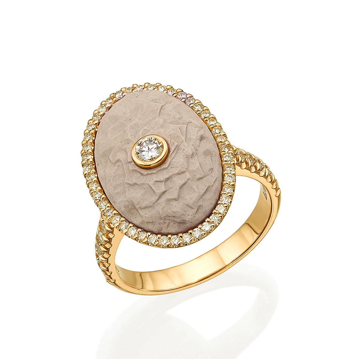 Oval Diamond Ring with a Jerusalem Stone from Temple Mount in 14K Yellow or Rose Gold