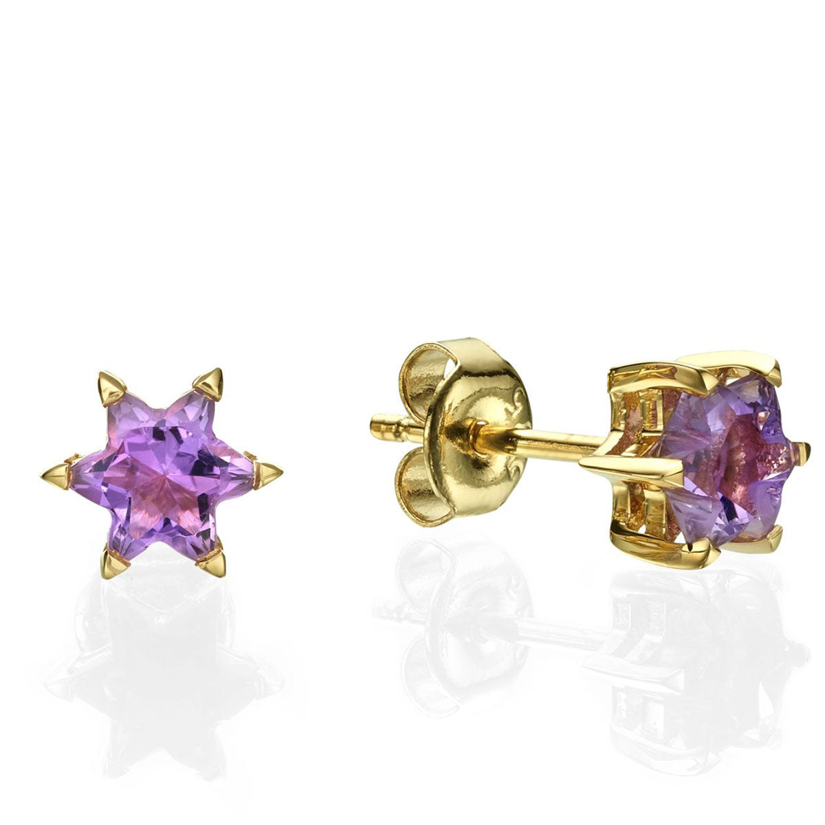 Star Of David Stud Earrings made from Gold set with Amethyst