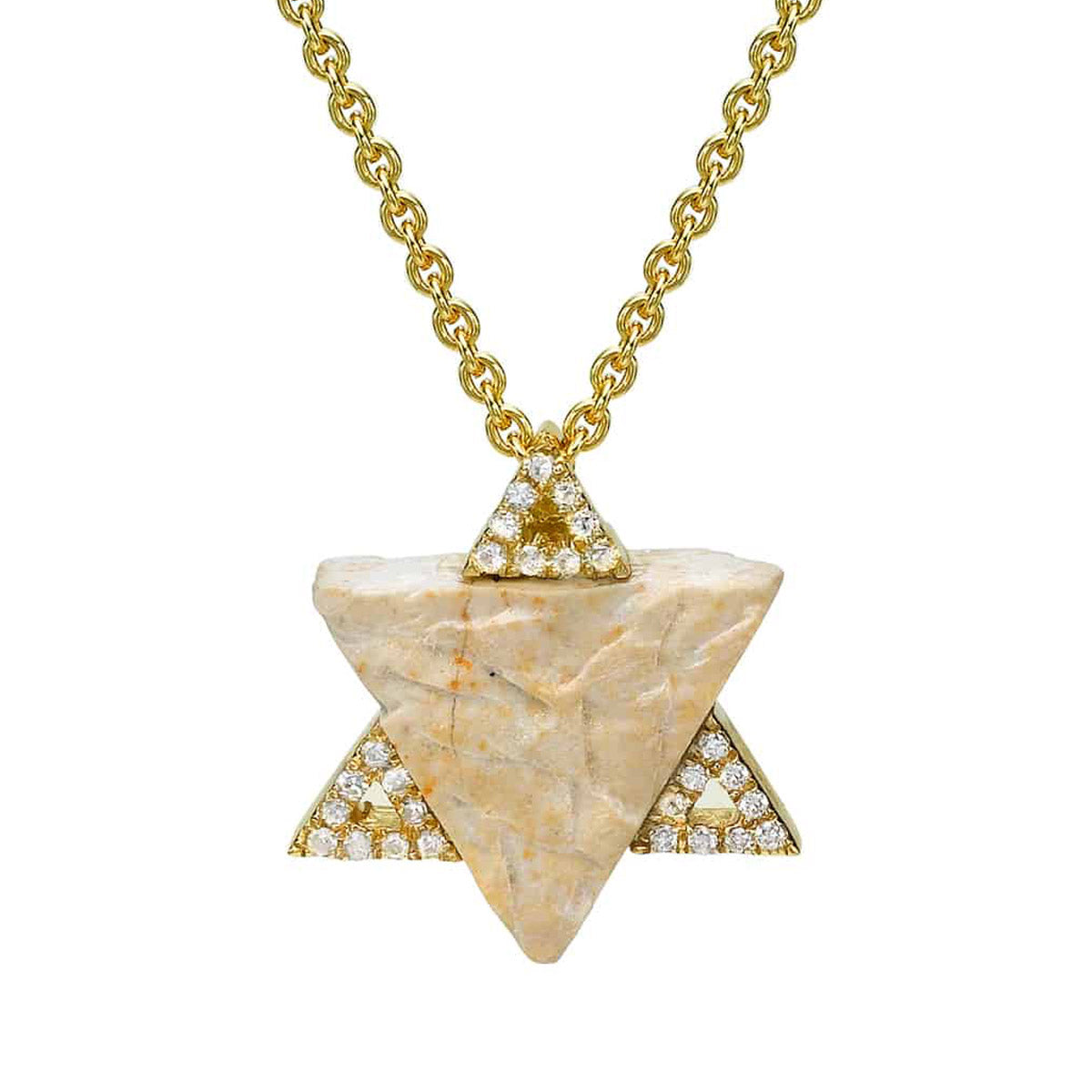 Star of David pendant of the Temple Mount stone with three triangles in yellow gold and diamonds