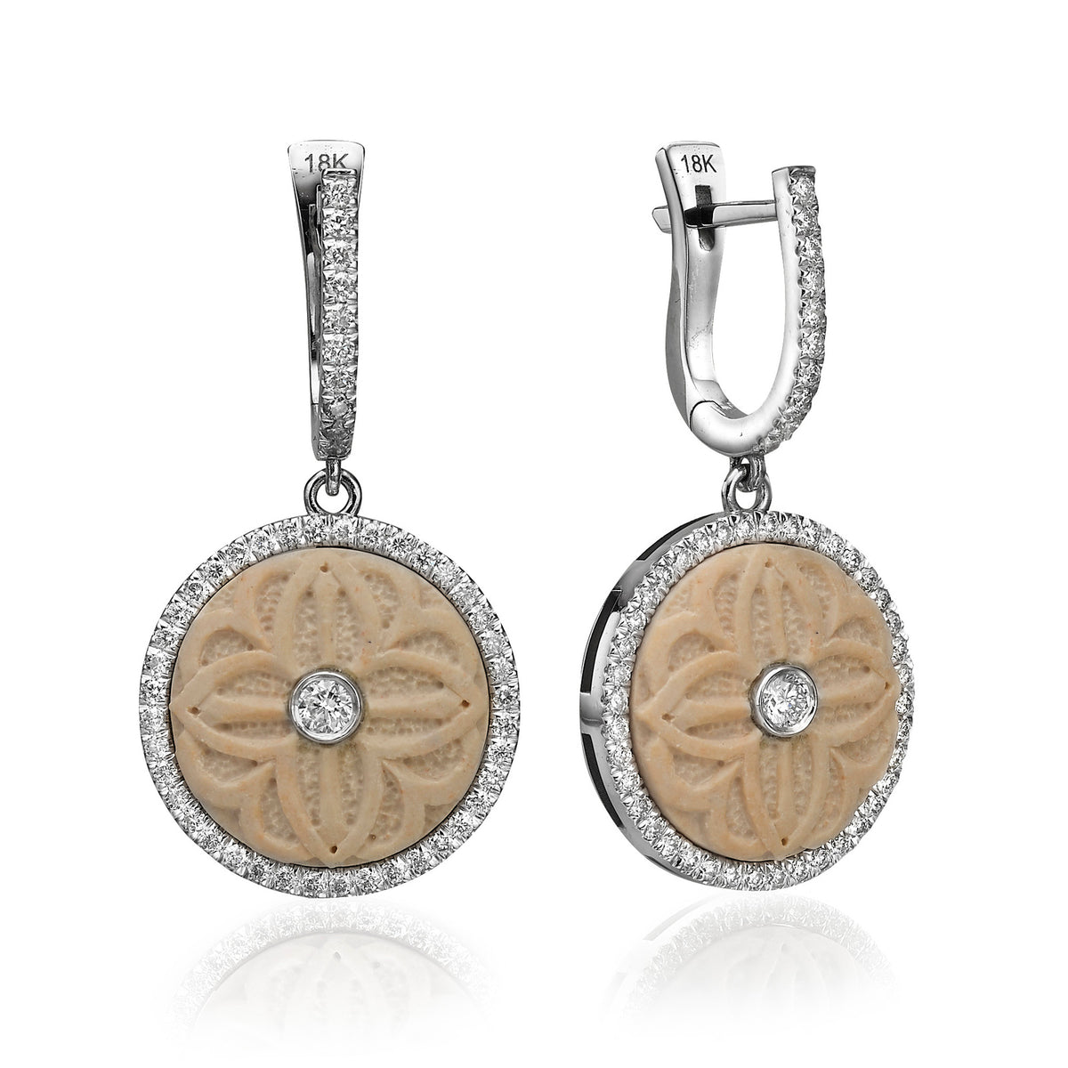 Hanging earrings with a round Temple Mount stone and a carved stone diamond