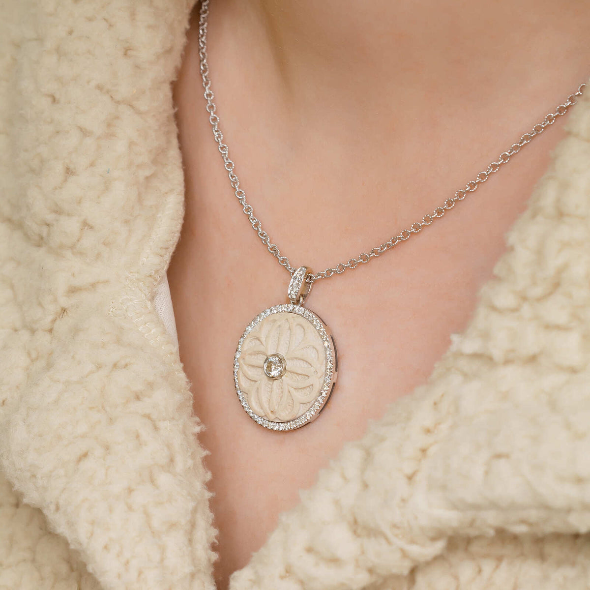 Engraved Temple Mount stone pendant set in gold and diamonds