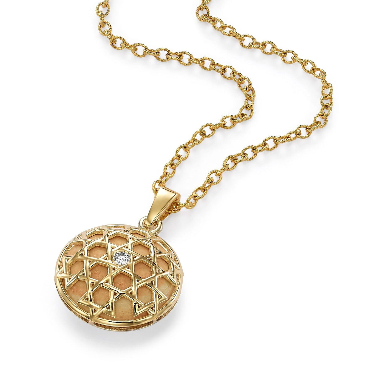 Star of David Gold and Diamond Pendant in Yellow gold with Temple Mount Stone, Two-sided