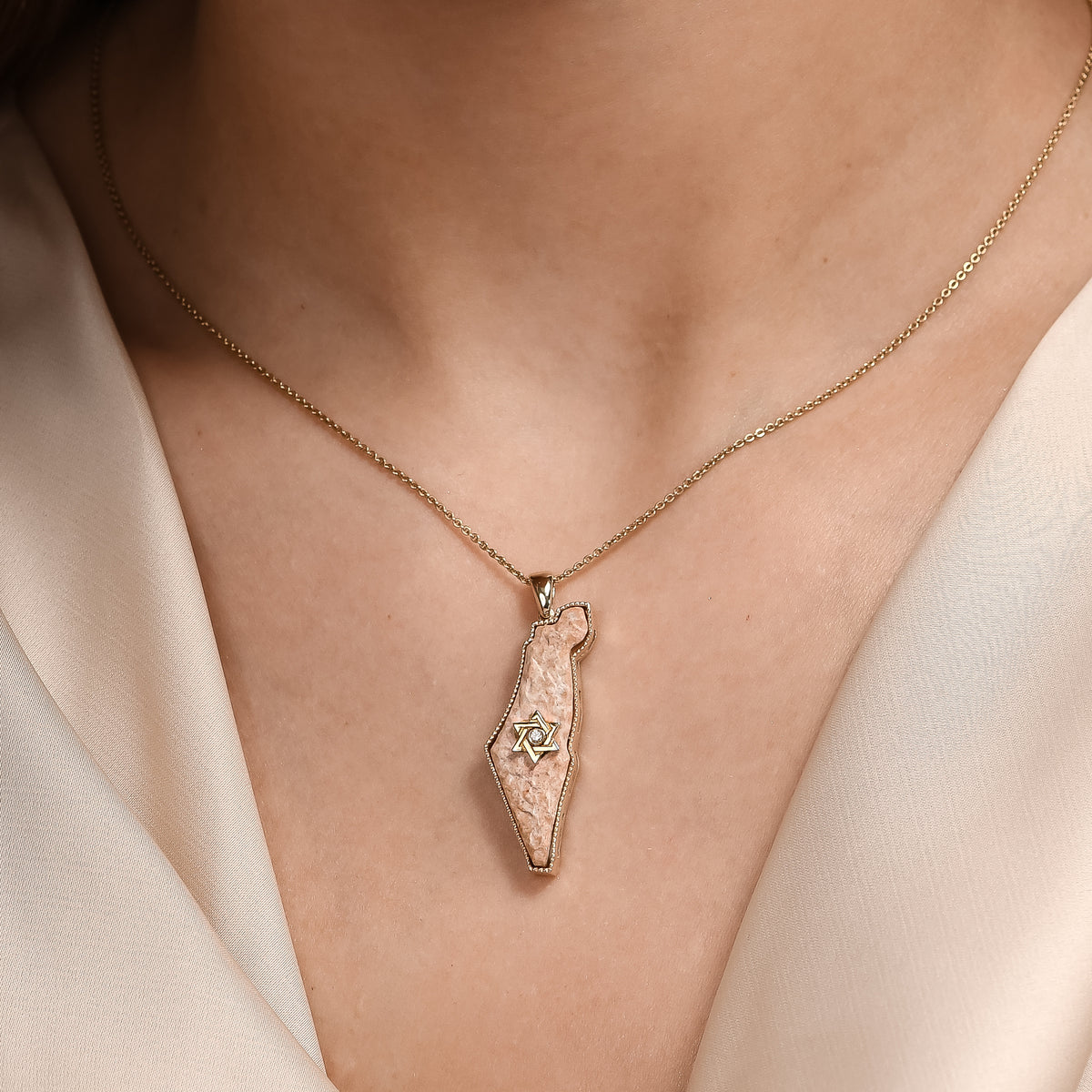 Israel Map Pendant with Star of David, Temple Mount Stone, Gold and Diamond