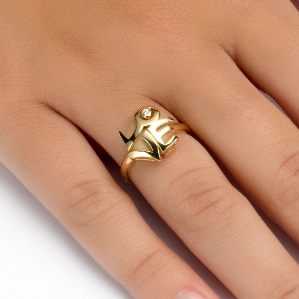 Engagement Ring with the word LOVE set with Jerusalem Stone, Gold and Diamond