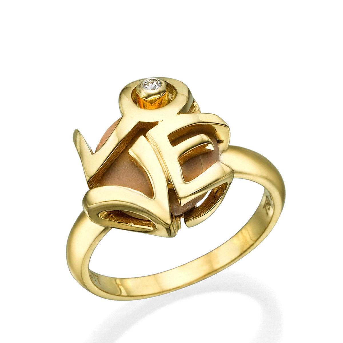 Engagement Ring with the word LOVE set with Jerusalem Stone, Gold and Diamond