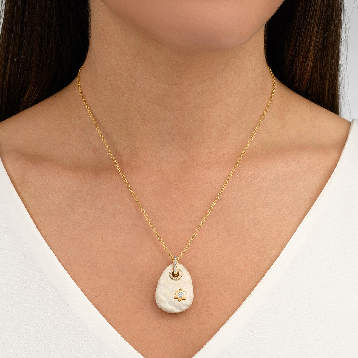 Magen David or a Star of David Necklace with Temple Mount Stone 18K Gold, and Diamonds