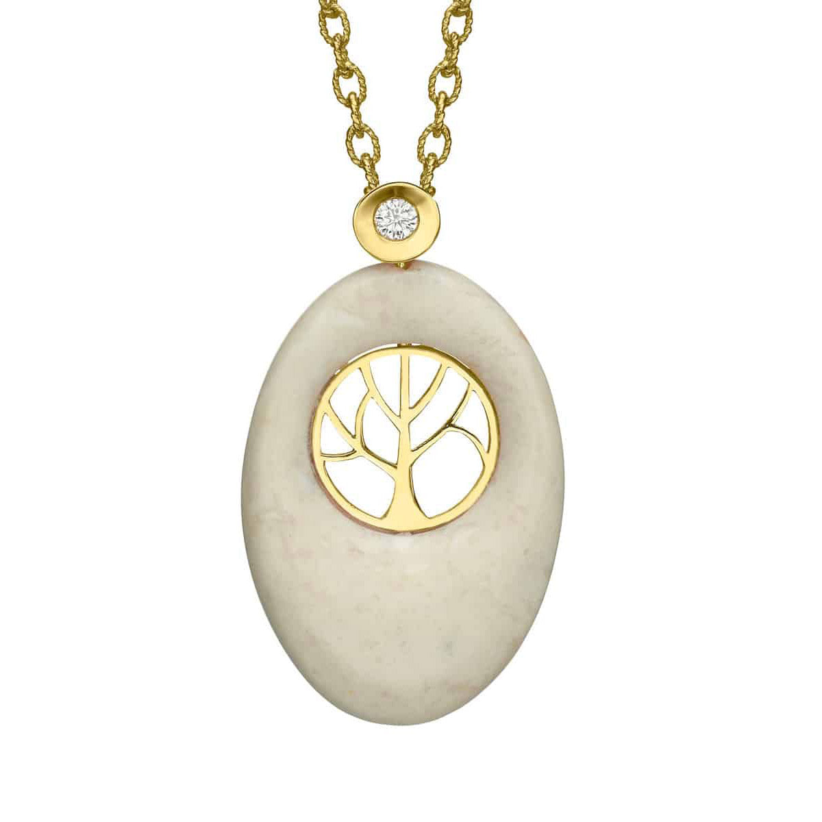 Tree of Life oval necklace with Temple Mount Stone, yellow gold and diamond