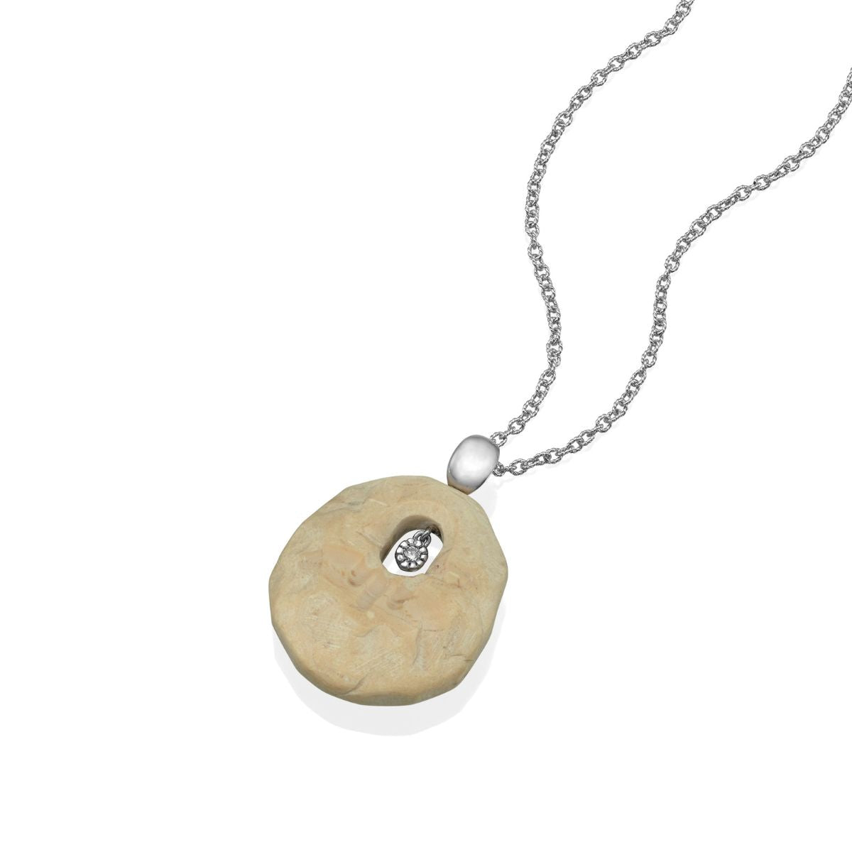 Hamsa Pendant with Jerusalem Stone From The Temple Mount 14K White Gold and Diamond