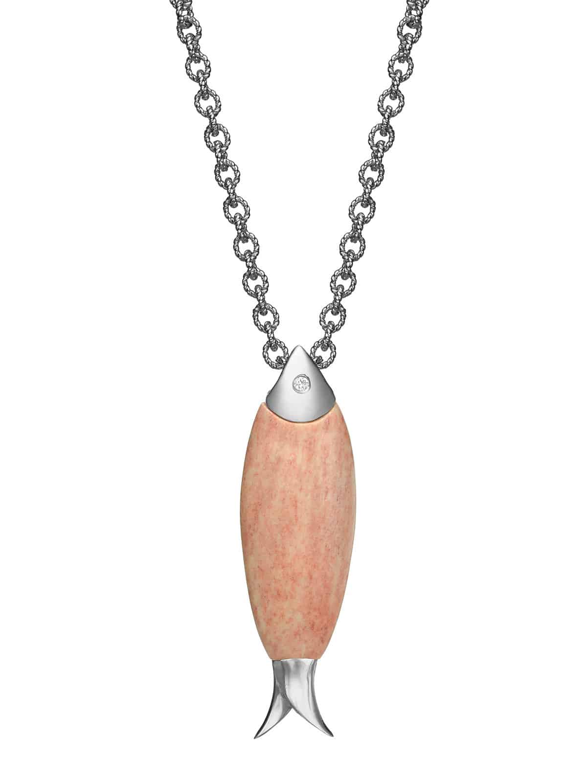 Gold Fish Pendant with Temple Mount Stone from Jerusalem with White Gold and Diamond