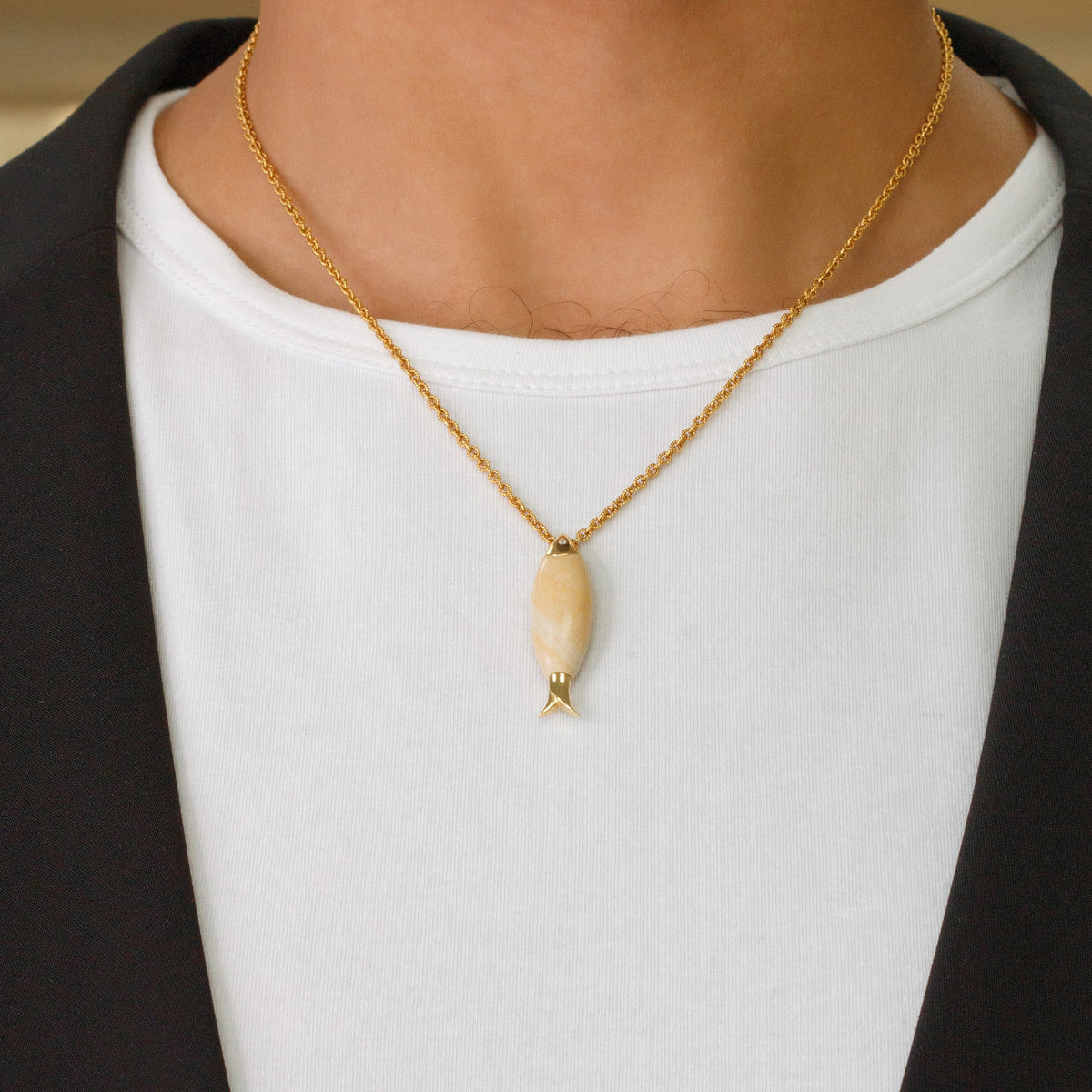 Gold Fish Pendant with Temple Mount Stone from Jerusalem with Gold and Diamond