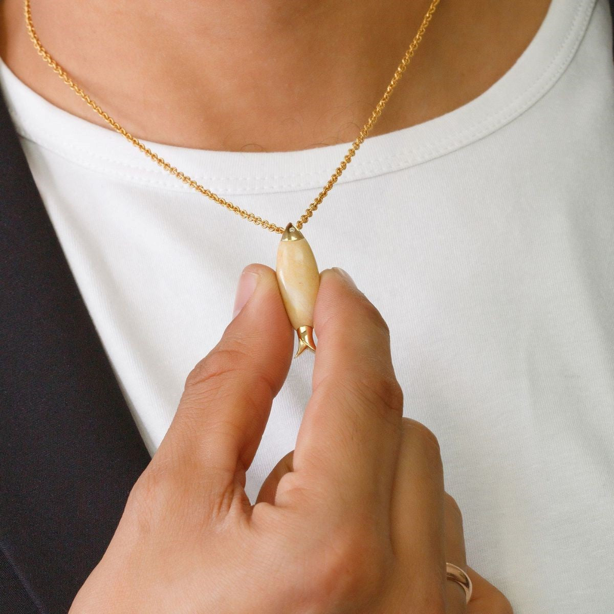 Gold Fish Pendant with Temple Mount Stone from Jerusalem with Gold and Diamond