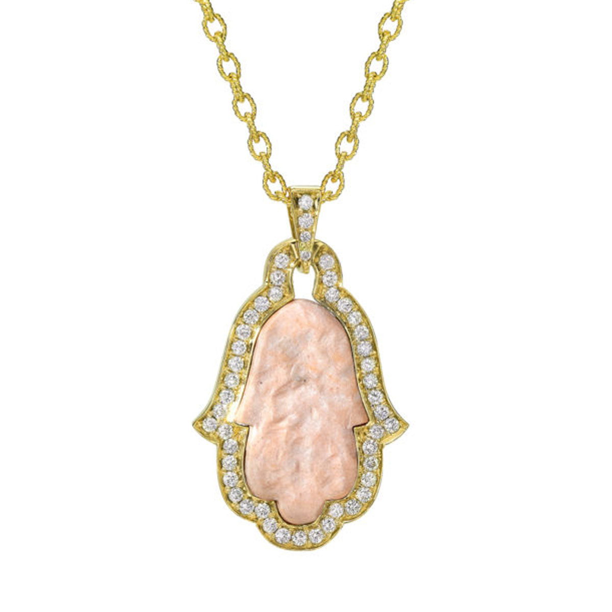 Hamsa Necklace with Jerusalem Stone from Temple Mount, Gold and Diamonds