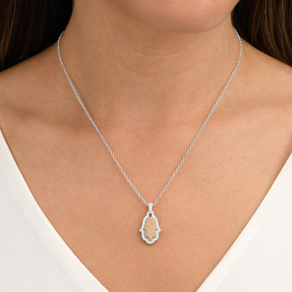 Hamsa Pendant with Temple Mount Stone Yellow Gold and Diamonds