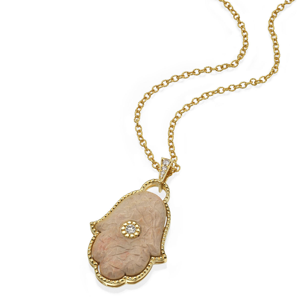 Hamsa Pendant with Temple Mount Stone Yellow Gold and Diamonds