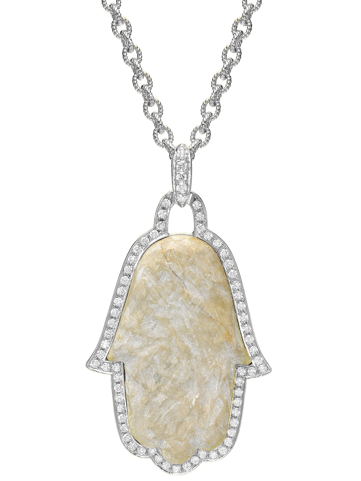 Hamsa pendant with Jerusalem Stone 18K White Gold and Diamonds
