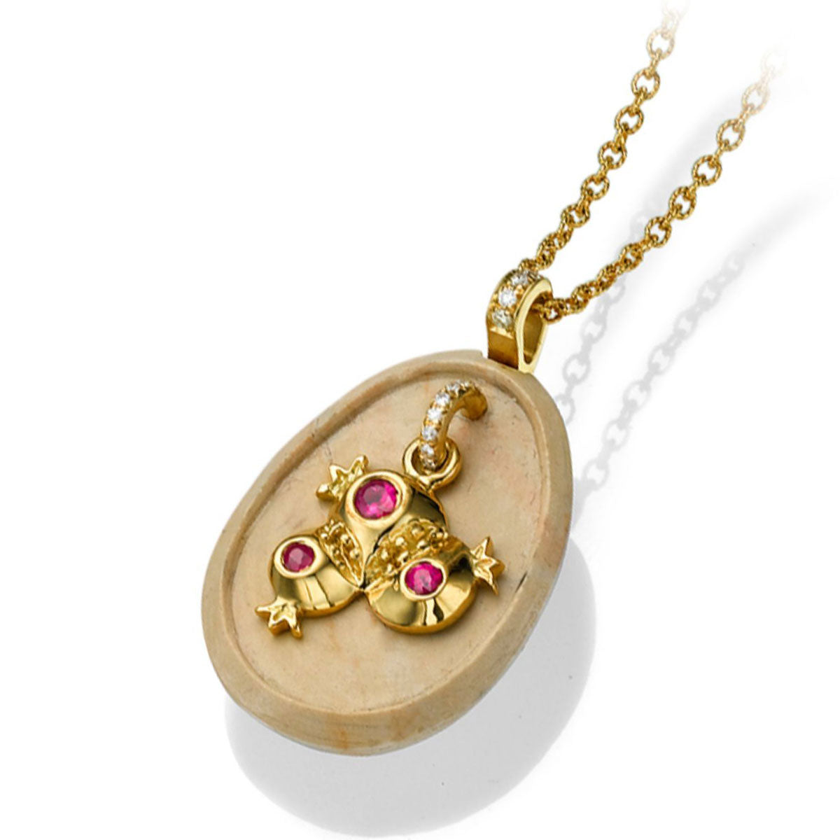 Pomegranate Pendant made from Temple Mount Stone, Gold, and Ruby