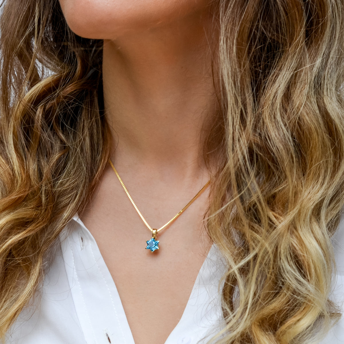 Star Of David Pendant, Blue Topaz & Gold