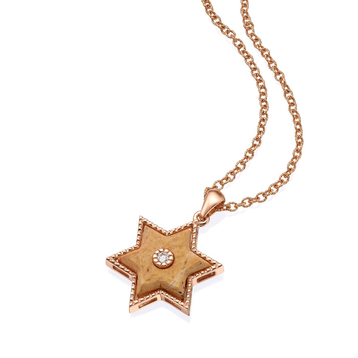 Star of David Pendant made from Temple Mount Stone, with Gold Frame set with Diamond.