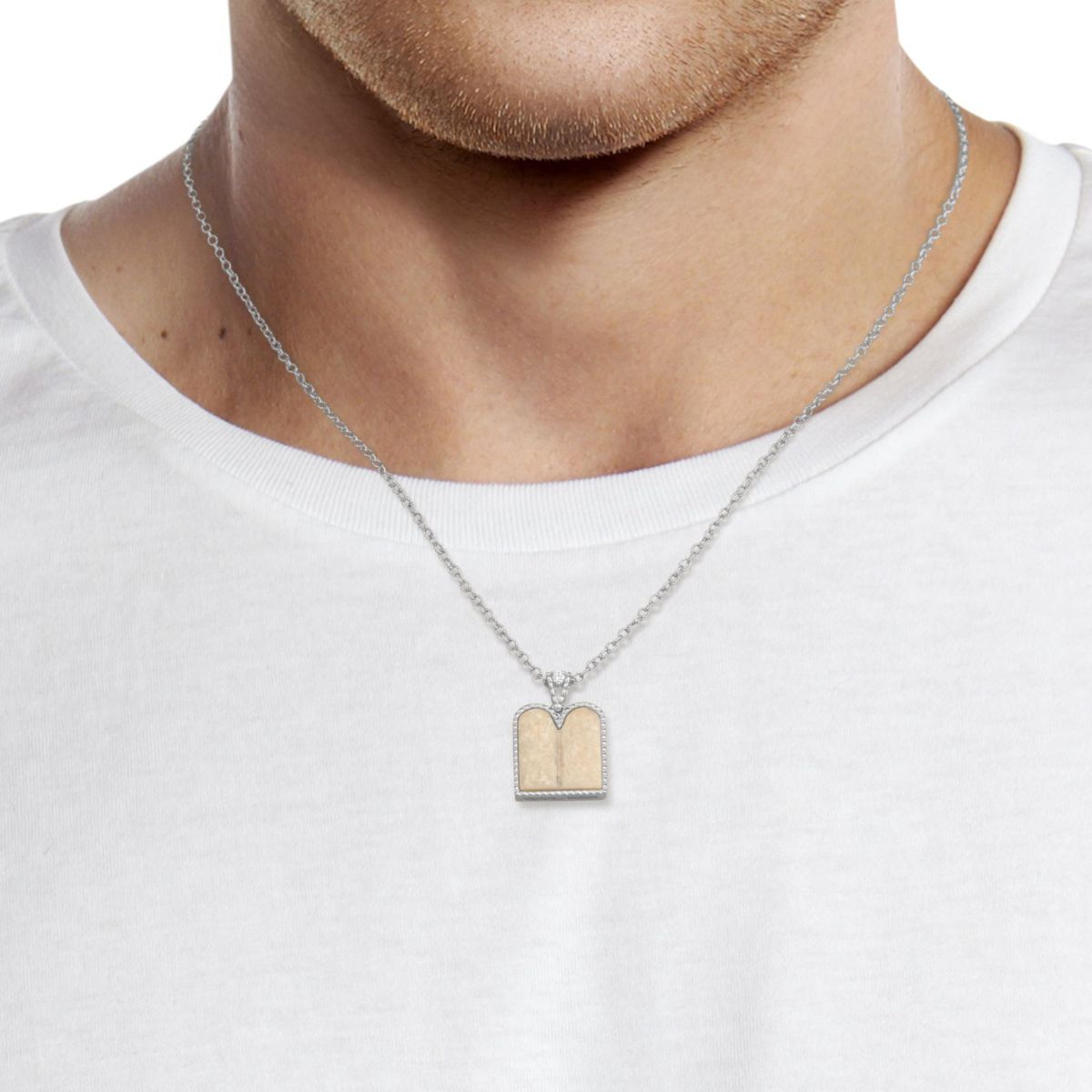 10 Commandments Pendant -made from Temple Mount Stone, 14K Gold, and set with a Round Diamond.
