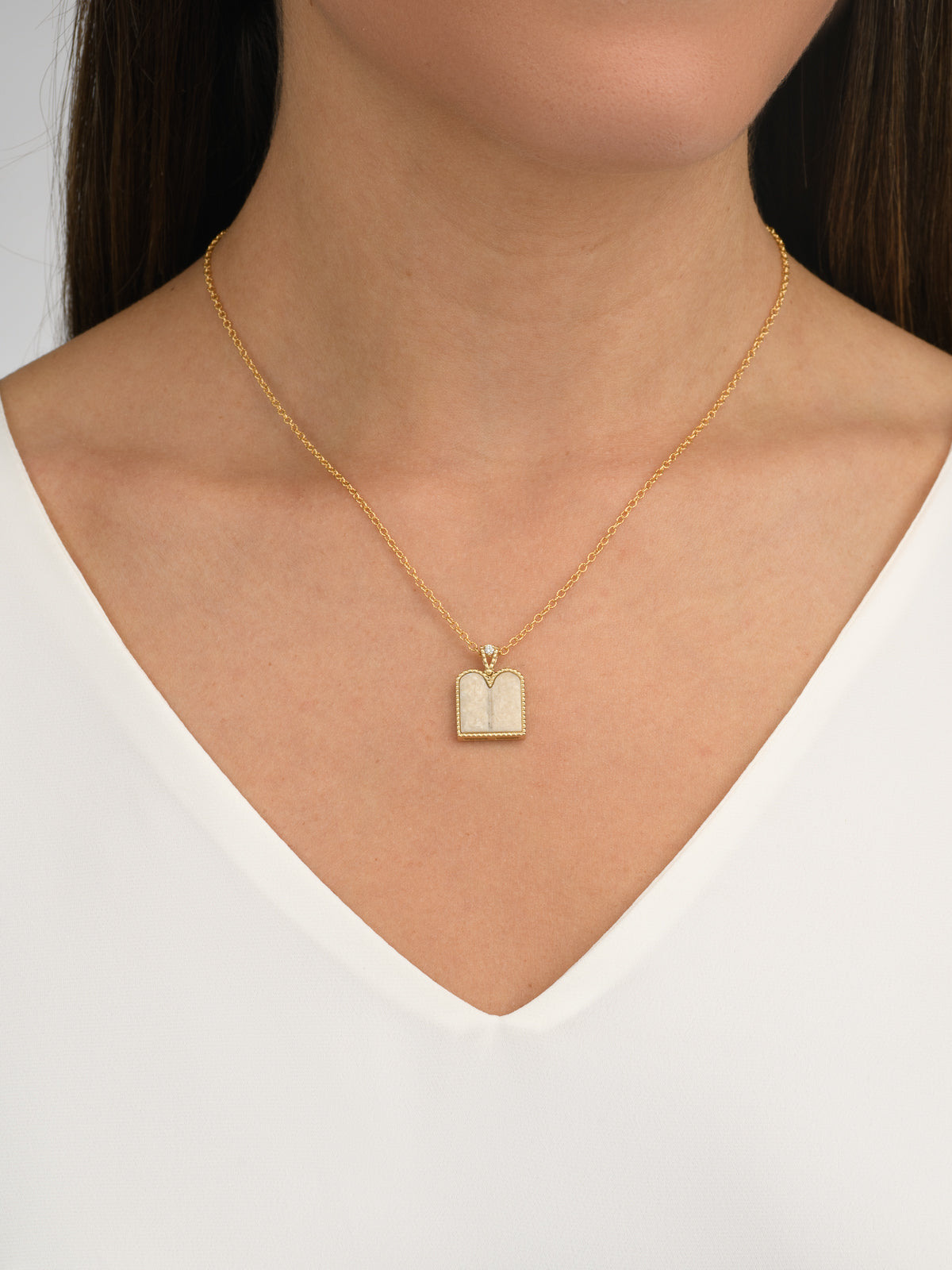 10 Commandments Pendant -made from Temple Mount Stone, 14K Gold, and set with a Round Diamond.