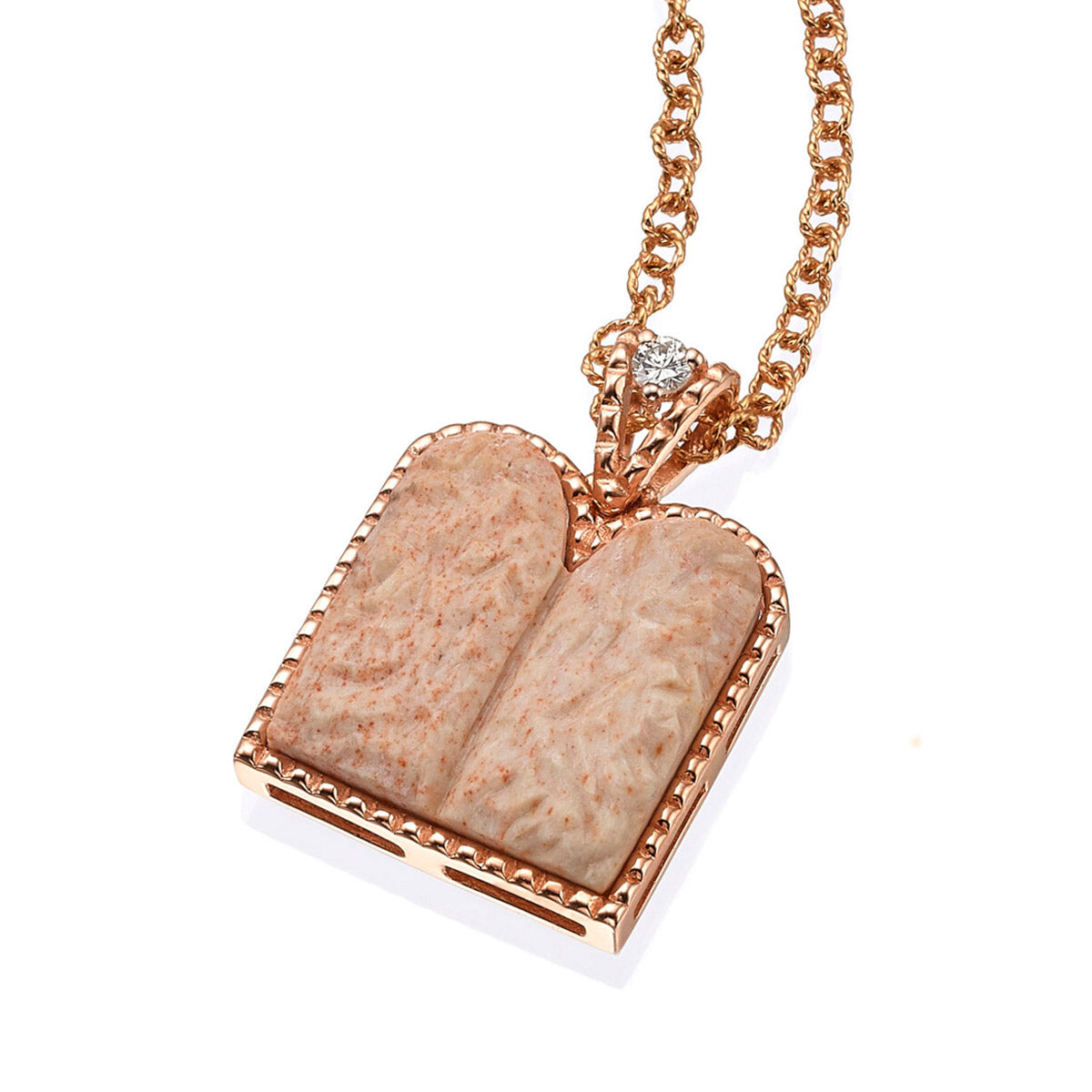 10 Commandments Pendant -made from Temple Mount Stone, 14K Gold, and set with a Round Diamond.