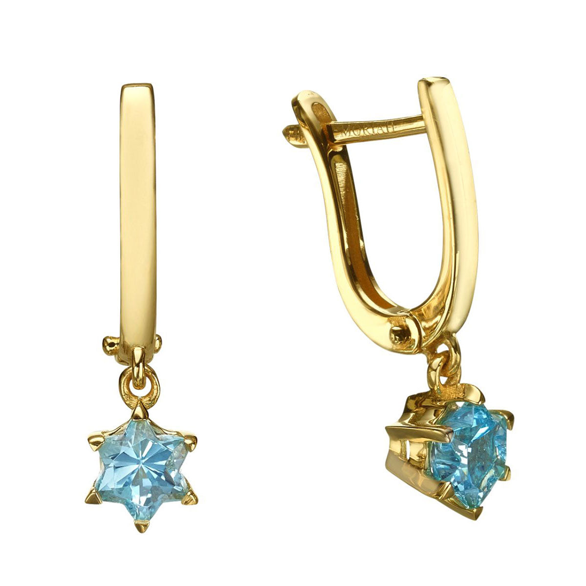 Blue Topaz Star Of David Earrings in Yellow Gold