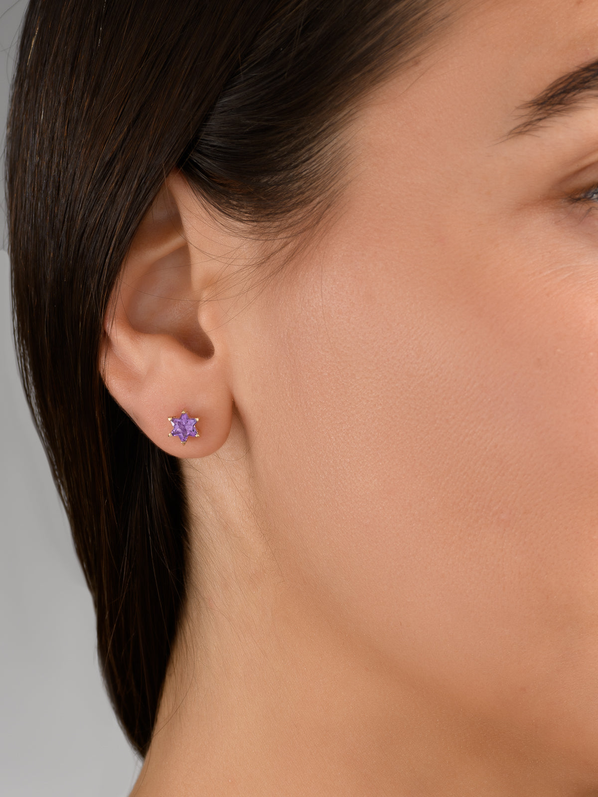 Star Of David Stud Earrings made from Gold set with Amethyst