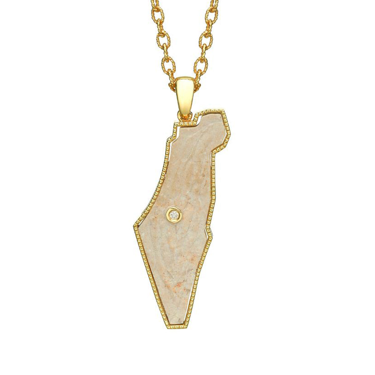 The Eretz Israel pendant in a gold frame is made of Temple Mount stone with a diamond