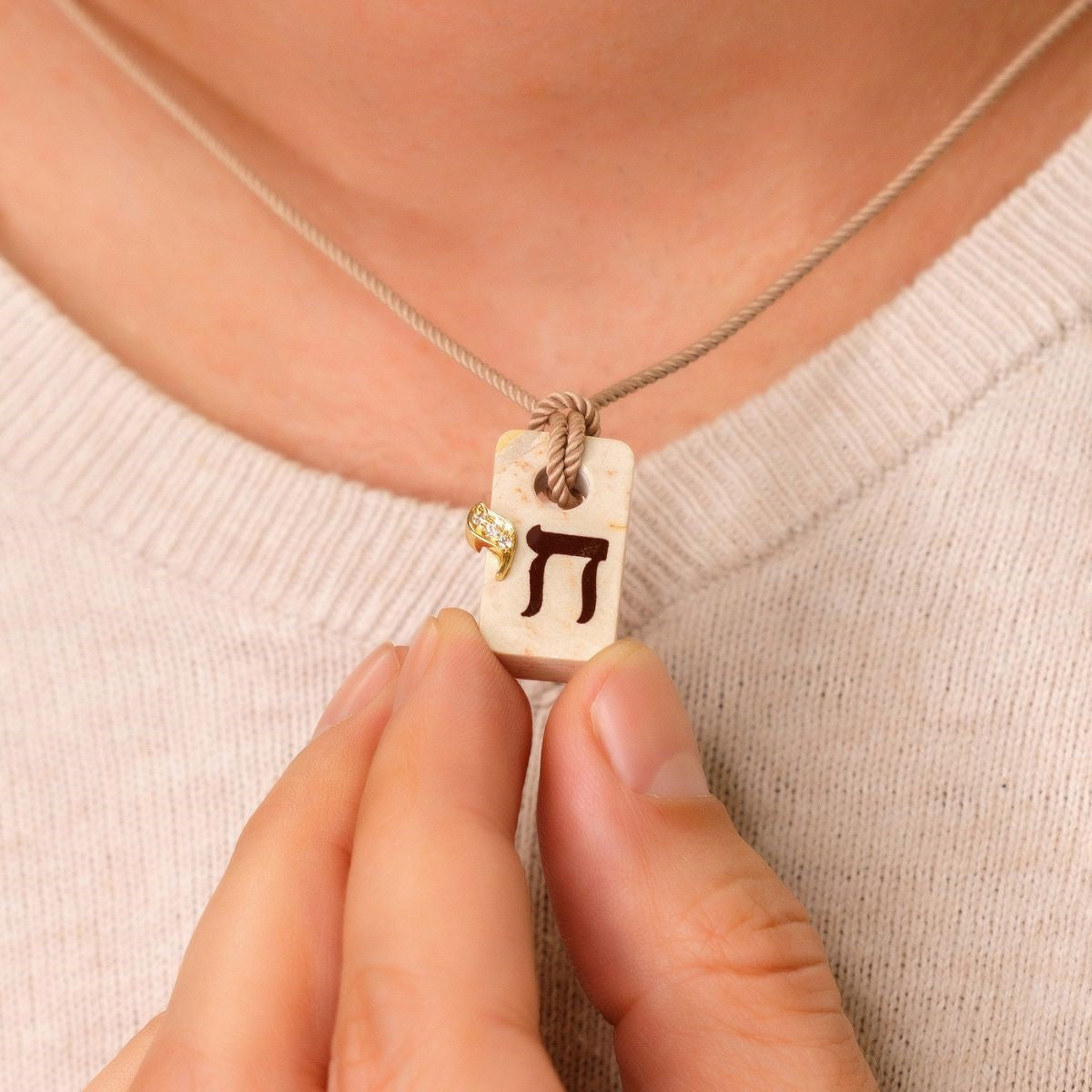 Chai Pendant Temple Mount Stone with Gold and Diamond