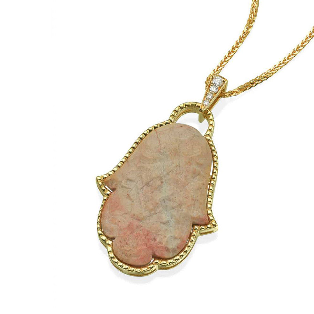 Hamsa pendant with the Temple Mount stone in a gold and diamond frame