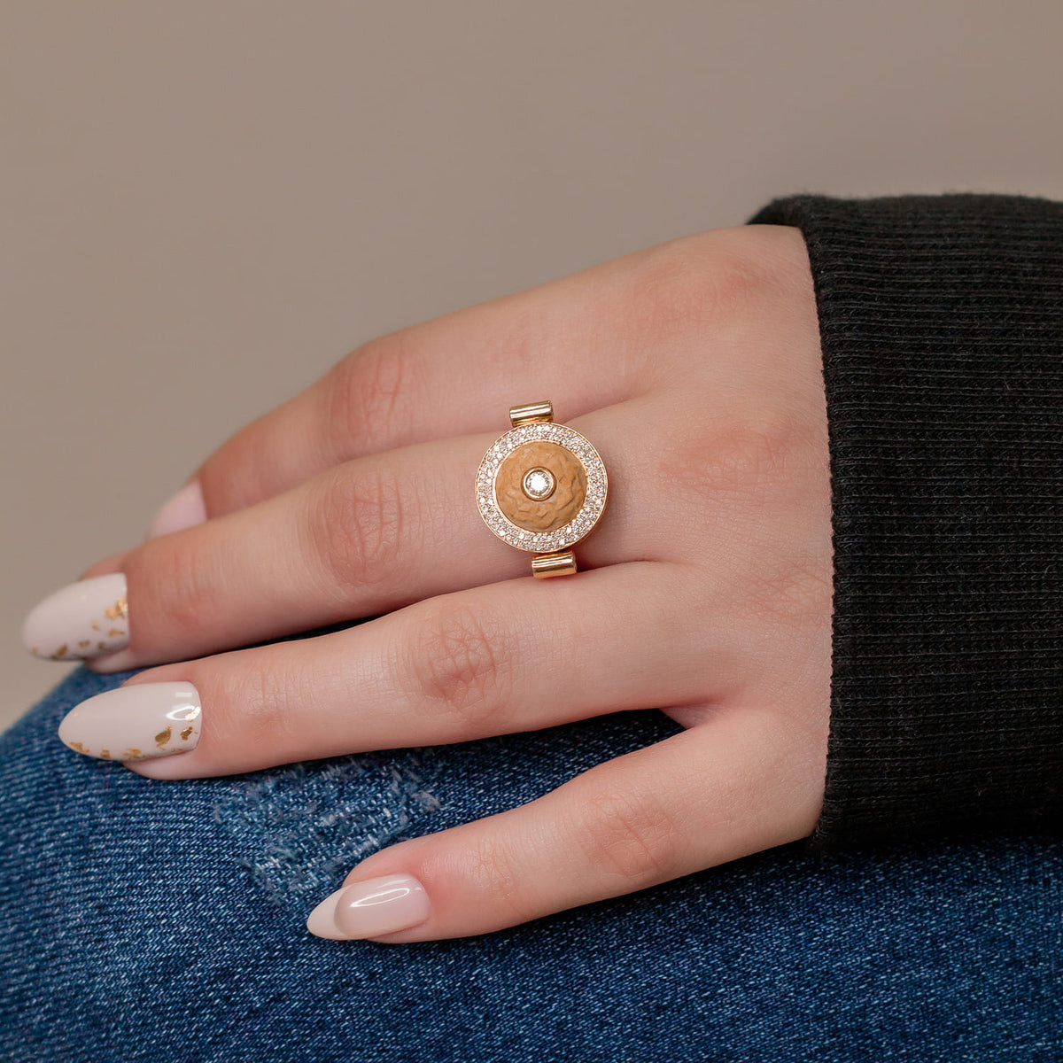 Temple Mount stone flipping ring set in gold and diamonds
