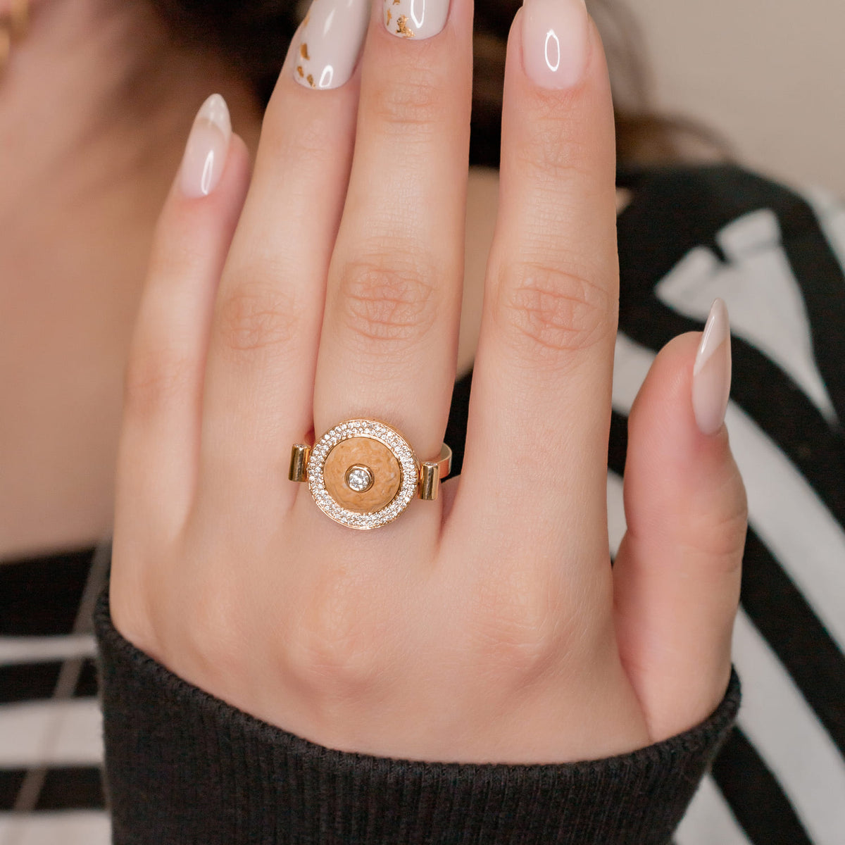 Temple Mount stone flipping ring set in gold and diamonds