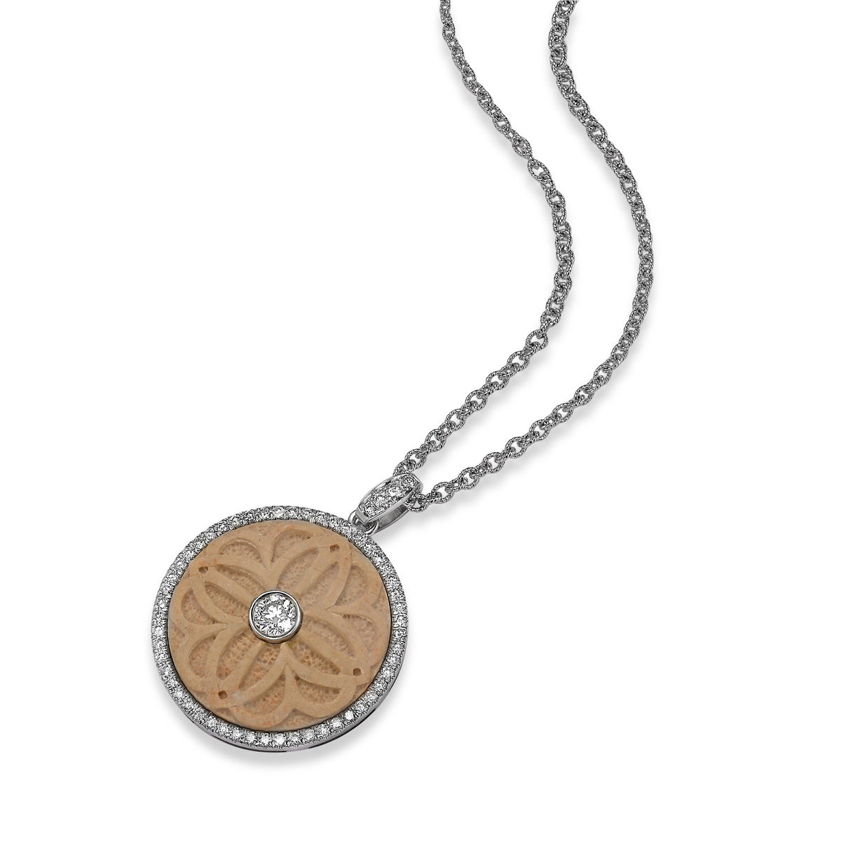 Engraved Temple Mount stone pendant set in gold and diamonds