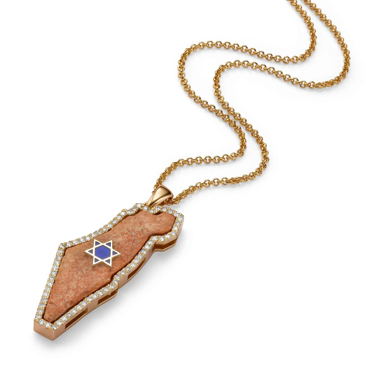 Temple Mount pendant in the shape of Israel with a Star of David, gold and diamonds