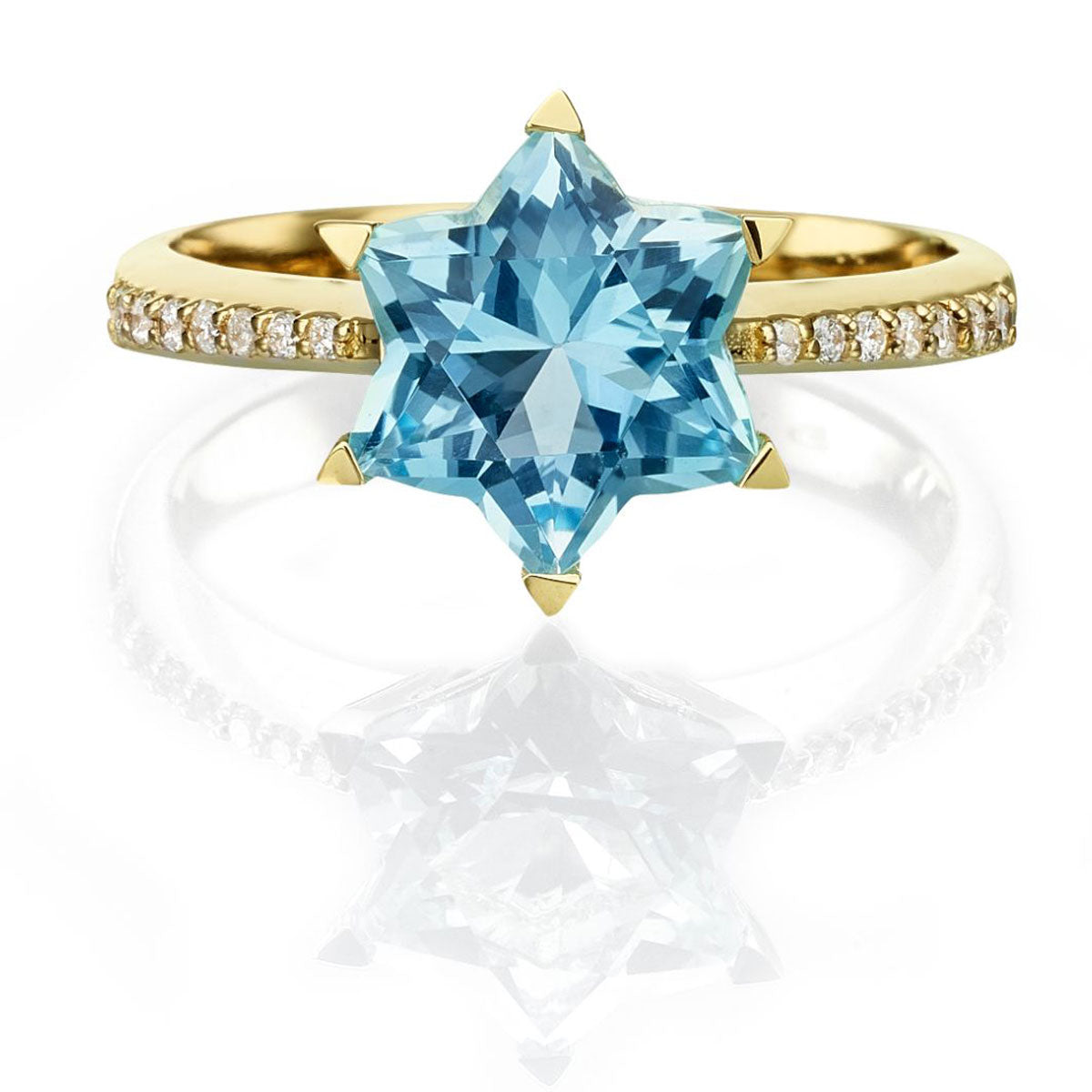 Blue Topaz and Diamonds Star Of David Ring in Yellow Gold