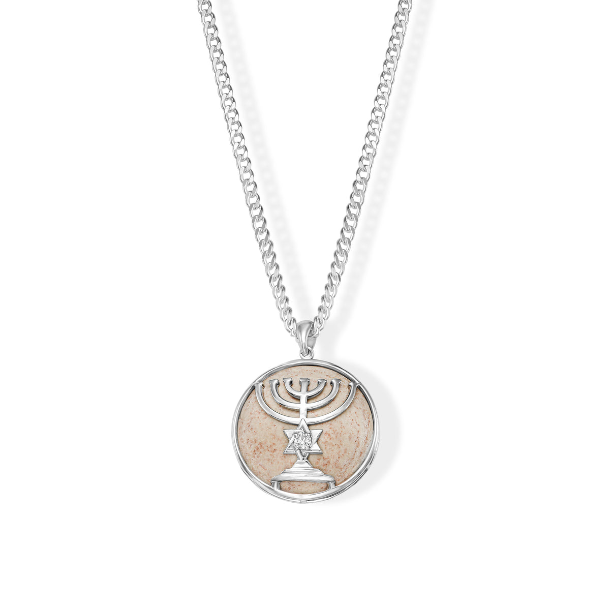 Double-sided Temple Mount round pendant, Silver and Diamond