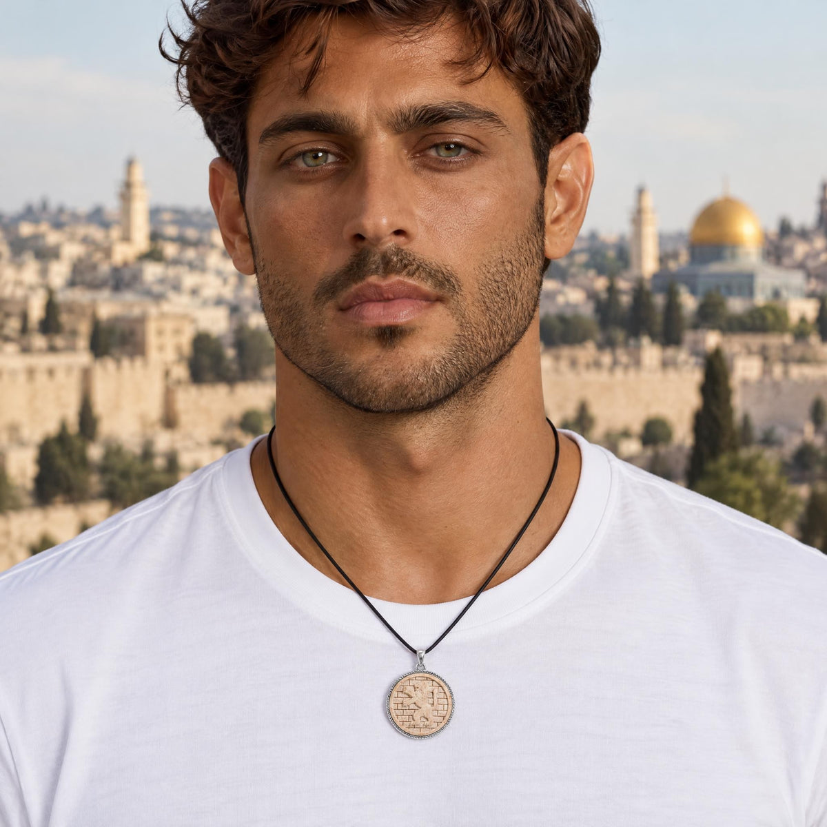 Rise Like a Lion, Round Temple Mount Stone Pendant